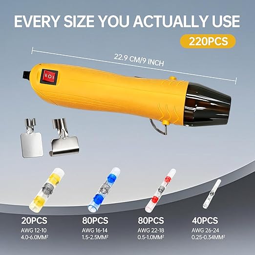 220PCS Solder Seal Wire Connectors Kit with Dual Temp Heat Gun, Heat Shrink Solder Butt Connectors Waterproof Electrical Terminals for Automotive Marine Boat RV Wiring Repair (220, Yellow)