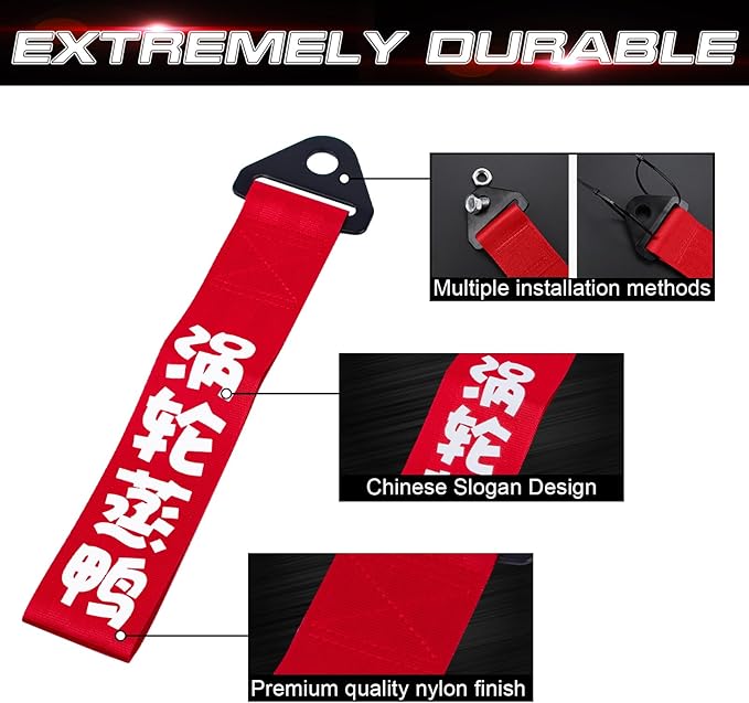 x xotic tech Tow Strap JDM Sports Red Racing Tow Strap Car Modification Decorative Trailer Belt Personalized with Chinese Slogan Fit for Rear Front Bumper (Turbo Charged)