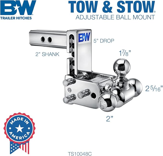 B&W Trailer Hitches Chrome Tow & Stow Adjustable Trailer Hitch Ball Mount - Fits 2" Receiver, Tri-Ball (1-7/8" x 2" x 2-5/16"), 5" Drop, 10,000 GTW - TS10048C
