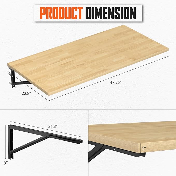50” Heavy Duty Wall Mount Folding Workbench, 600LBS Garage Chipboard Workbench Table with Shelf & Power Tool Dock, Space Saving Collapsible Steel Frame for Workshop, Kitchen, Laundry Room