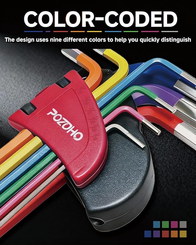 10-Piece Extra-Long Arm SAE(1/16"-3/8") Hex Key Set | Color-Coded Ball End Allen Wrench with Torque Handle | Cr-V Steel, Anti-Rust for Motorcycle, Bike, Car & DIY, PTM01010B