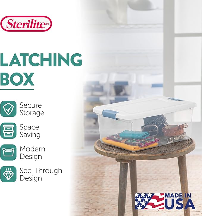 Sterilite 12-Pack Latching Box, Under Bed Storage Bins with Lids, Clear Plastic, 15 Quart - Heavy-Duty Organizing Containers for Closet, Bathroom, and Office