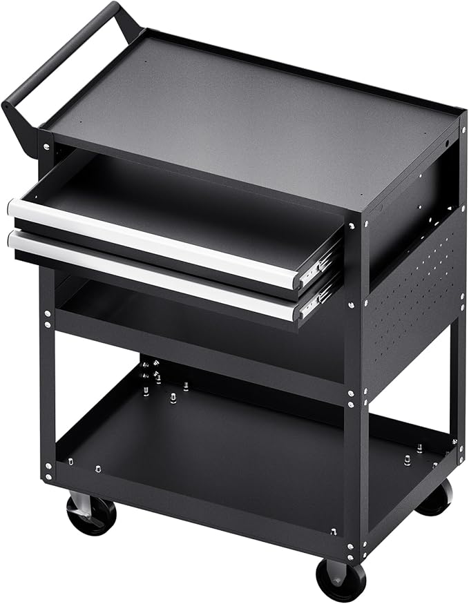VEVOR 5-Tier Tool Cart with Wheels, 400 lbs Load Capacity, Rolling Work Cart with 2 Drawers & Pegboard, Mechanic Tool Storage Organizer with Locking System for Garage, Warehouse and Repair Shop, Black