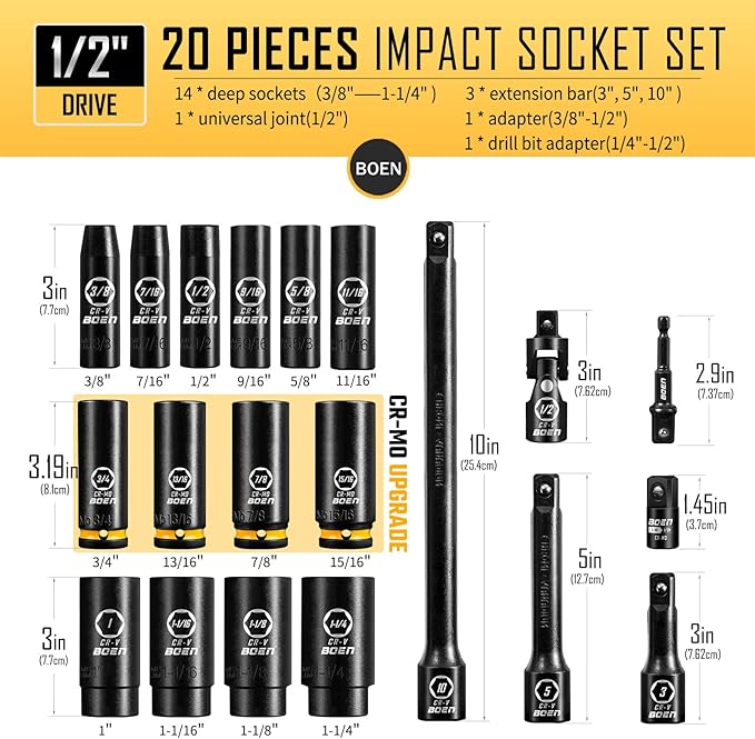 BOEN Pro 20-Piece 1/2" Drive Deep Impact SAE Socket Set, 3/8"-1-1/4", CR-MO & CR-V Steel, Upgraded Torque & Durability, Includes Extensions, Joint, Adapter – Meets ANSI