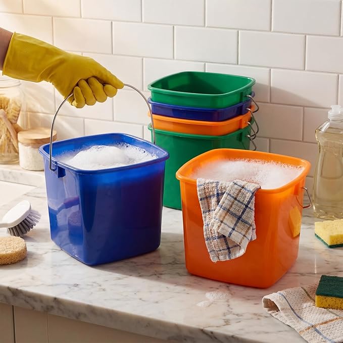 Zhehao 6 Pcs 3 Quart Bucket for Cleaning Small Sanitizer Bucket for Restaurant Square Plastic Pail with Handles for Home, Offices, Commercial Use, Food Service(Orange, Green, Blue)