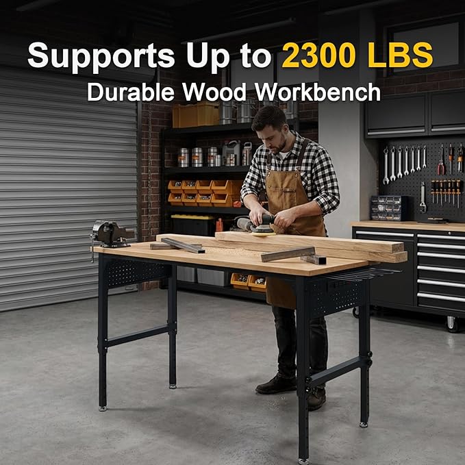 60" Heavy-Duty Garage Workbench, 2300LBS Capacity Work Table with Power Strip, Work Bench for Garage, Workshop, Office, Warehouse & Home