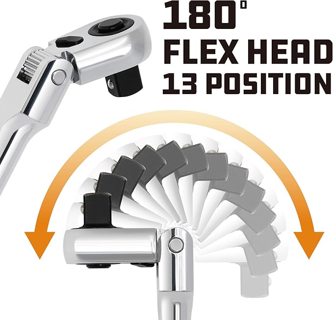 Powerbuilt 4 Piece Pro Tech Long Reach Flex Head Ratchet Set, 72-Tooth, 180° Flex Head, Contoured Grip Handles, 1/4" Dr. x 7", 3/8" Dr. x 9" & 17", 1/2" Dr. x 17" - 240238