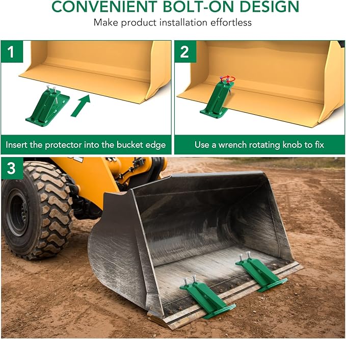 Tractor Bucket Protector, 2pcs Heavy-Duty Steel Loader Bucket Attachment with Double Lock Nuts - Bucket Edge Guard for Snow Removal, Leaves & Gravel