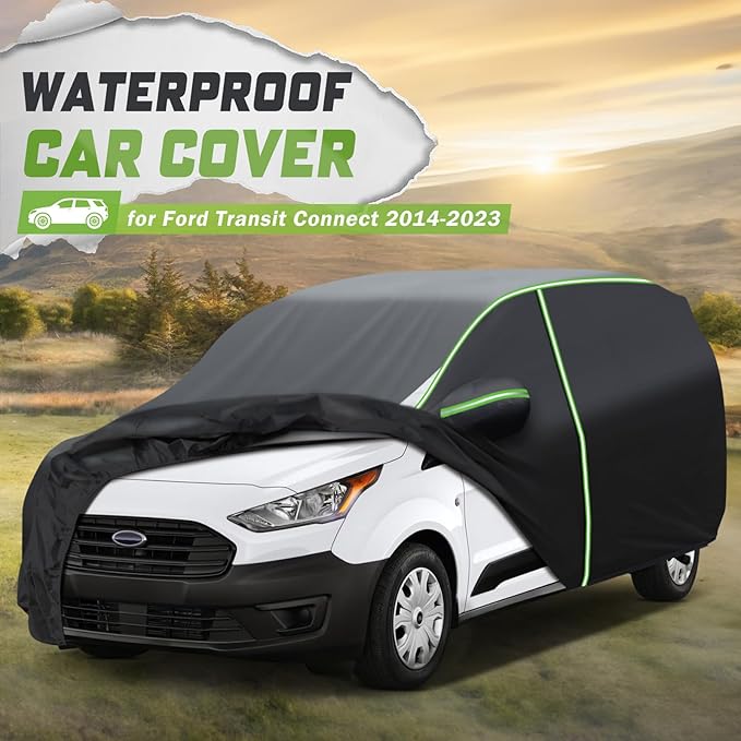 Mixsuper Liner Car Cover for Ford Transit Connect 2014-2026, 7 Layers Waterproof Car Cover Accessories for Transit Connect Van with Zipper Door, Windproof Straps, Reflective Strips, All Weather