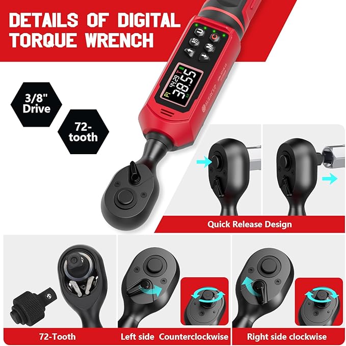 3/8-inch Digital Torque Wrench(0.66-44.29Ft.Lb/0.9-60N.m) ±1% Accuracy Digital Torque Wrench with Vibration, Buzzer,LED Notification and Five Units of Measure, for Bike, DIY and Home Repair