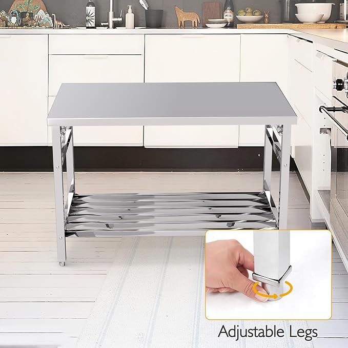 48" x 30" Stainless Steel Commercial Work Table, Heavy Duty Folding Stainless Steel Prep Table with Adjustable Undershelf for Restaurant, Kitchen, Food Service, Space-Saving, No Installation Required