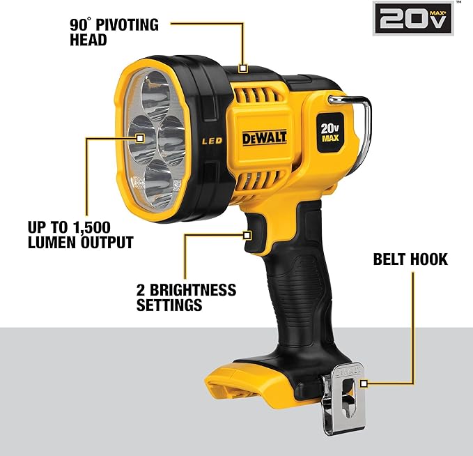 DEWALT 20V MAX LED Work Light, Handheld Spotlight with 508 Yard Distance, Pivoting Head, 1500 Lumens, Cordless, Battery Not Included (DCL043)