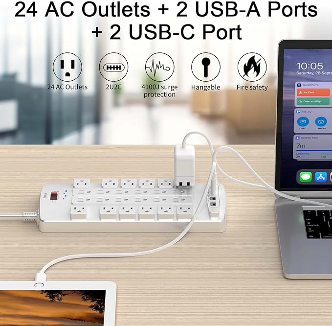 QINLIANF Surge Protector Power Strip - 6Ft Flat Plug Heavy Duty Extension Cord with 24 Outlets and 4 USB Ports(2 USB-C Ports), 1875W/15A, 4100J, for Home, Office, Dorm, ETL Listed, White