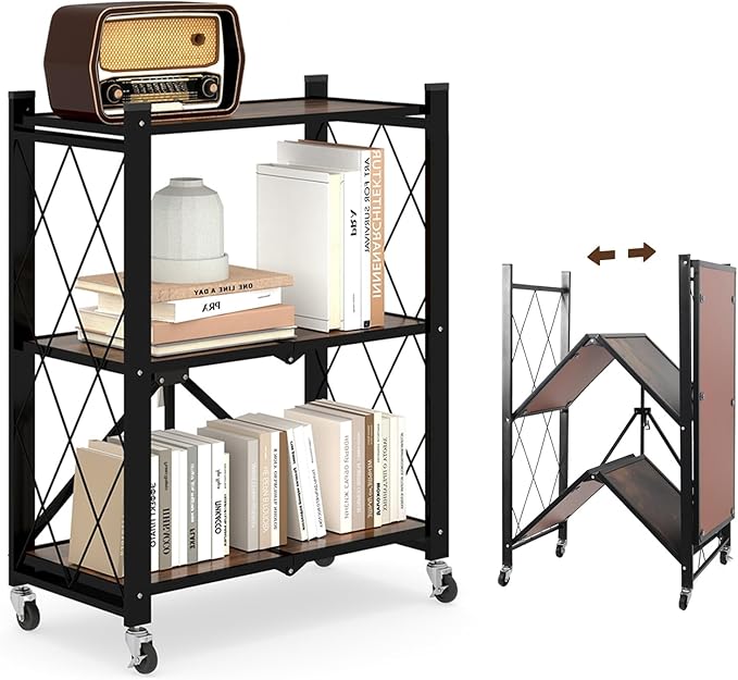 3 Tier Folding Shelf with Wheels, Wood and Metal Bookshelf, no Assembly Foldable Storage Shelves, Vintage Storage Rack for Living Room, Bedroom, and Home Office