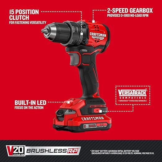 CRAFTSMAN V20 BRUSHLESS RP Compact Drill/Driver, Variable Speeed Trigger, Built In LED, Includes Battery and Charger (CMCD714D1)
