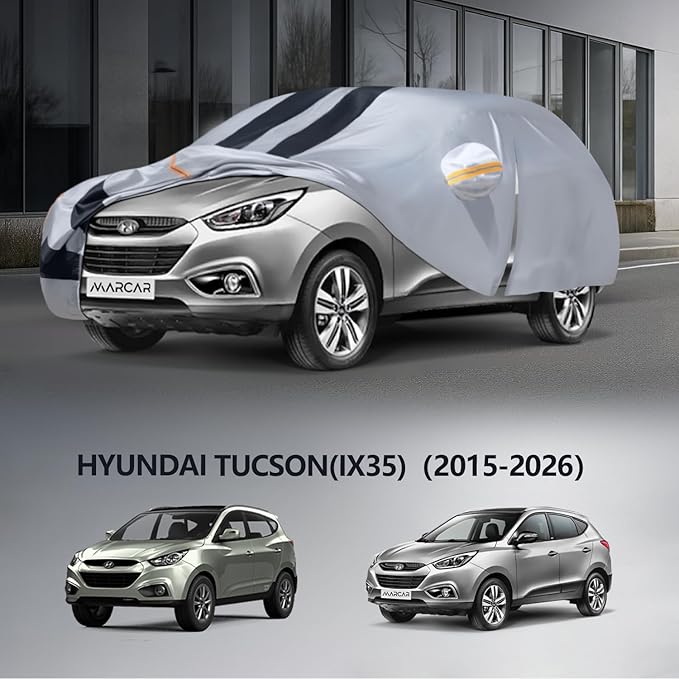 Multi-Layer Car Cover Custom Fit for Hyundai Tucson (ix35)(2015-2026), 100% Waterproof All Weather for Automobiles, Gift with Towel, Heavy Duty Car Covers for Rain Sun UV Protection with Door Zipper