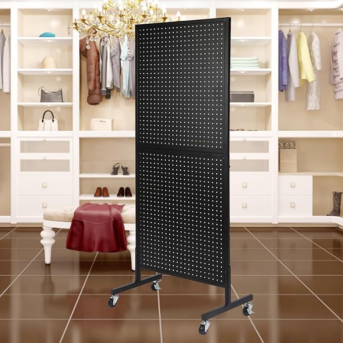 NectaCol 2'x 5' Standing Pegboard Display with T-Base, Pegboard Display Stand with Wheels, Metal Peg Board Display Rack, Art Display Stand, Extra 10 Pieces Hooks - Black
