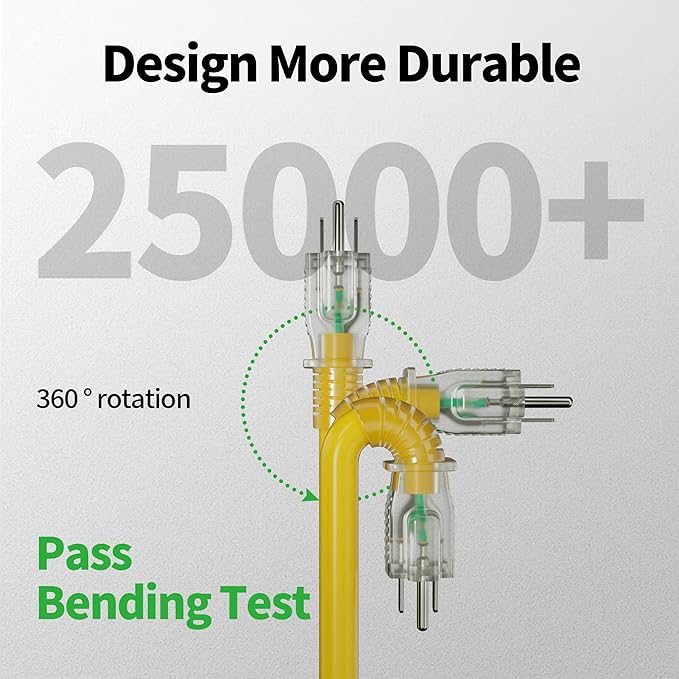 POWGRN 50 ft 12/3 Outdoor Extension Cord Waterproof Heavy Duty with Lighted Indicator End 12 Gauge 3 Prong, Flexible Cold-Resistant Long Power Cord Outside, 15Amp 1875W SJTW Yellow ETL Listed