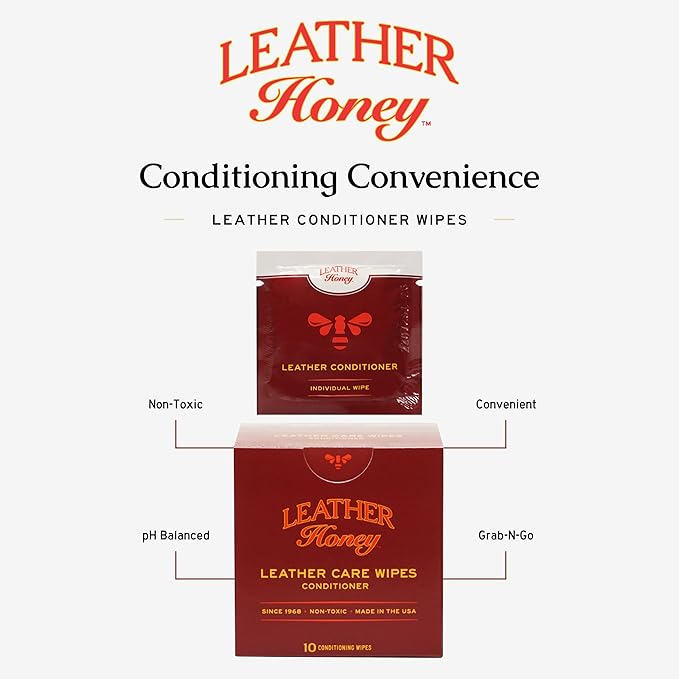 Leather Honey Conditioner Wipes: Restore Leather On-The-Go. Protect & Condition Any Color of Leather Couches, Car Seats, Purses, Shoes, Bags & Tack. Made in the USA! 10 Non-Toxic, Ready-to-Use Wipes
