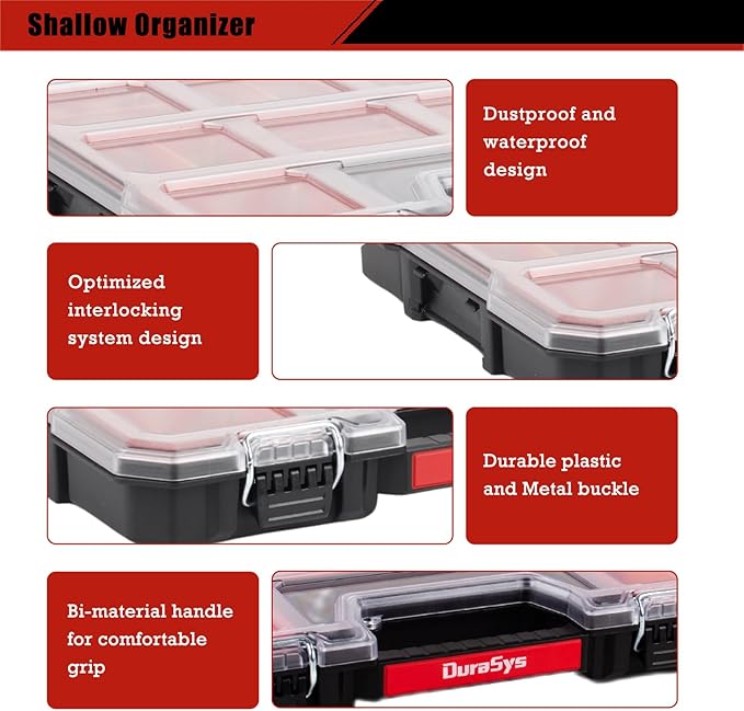 Tools Organizer, Small Parts Storage Toolbox, 17.3 * 13.7 * 2.5" Durable Hardware Box Storage, with Removable Inner Cups
