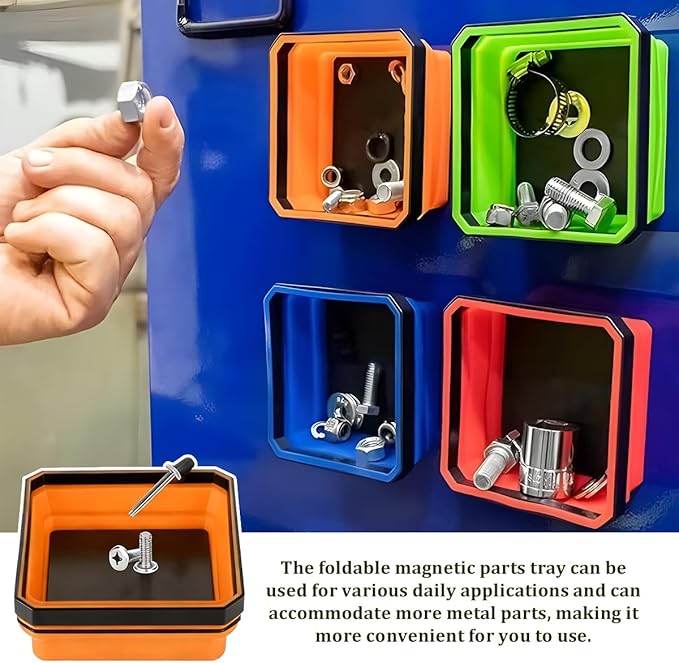 Collapsible Magnetic Car Parts Tray, Foldable Silicone Tool Tray with Magnetic Base, Double-Side Magnet Bowl for Auto Bolts, Screws, Nuts, Small Metal Parts, Universal Fit (Orange)