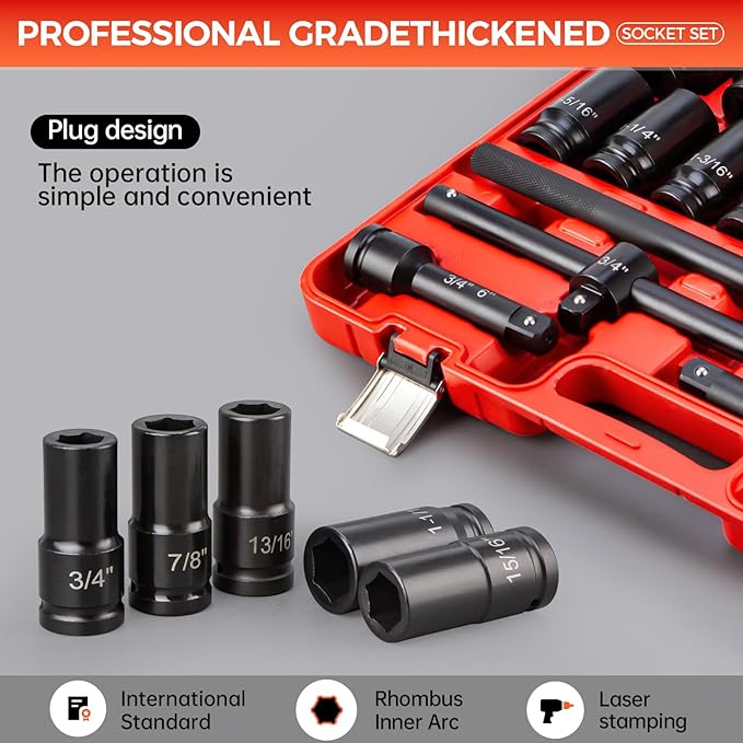 21PCS 3/4" Drive Impact Socket Set,6 Point Axle Nut Socket Set,SAE Sizes(3/4" to 2"),Cr-Mo Steel,Includes Adapter and Quick-Release Ratchet(24 Tooth) for Large Vehicle & Equipment Maintenance