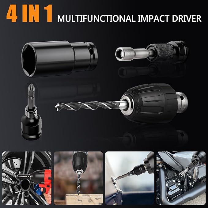 Cordless Impact Wrench, 1/2" 18V 1500Nm 4 in 1 Brushless Power Drill Driver Screwdriver Kit
