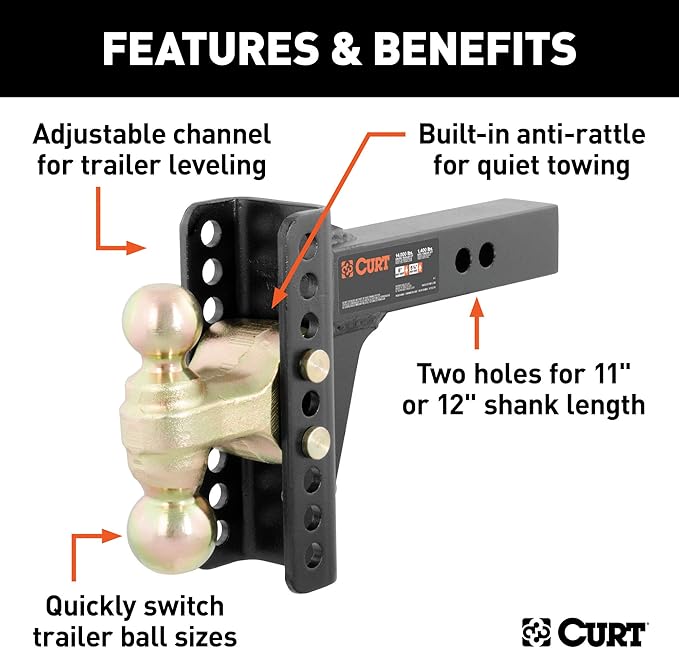 CURT 45900 Adjustable Trailer Hitch Ball Mount, 2-Inch Receiver, 6-Inch Drop, 5-1/4-Inch Rise + 45920 Channel-Mount Pintle Hitch with 2-5/16-Inch Trailer Hitch Ball, 13,000 lbs. GTW, Fits 2-1/2-Inch