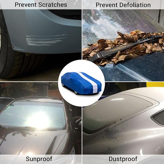 Favoto Car Cover Dustproof Sedan Indoor Stretch Cover Universal Fit 177-193 Inch Automobiles Full Car Cover with Storage Bag Breathable Windproof All-Weather Auto Vehicle Cover (Blue-Upgraded)