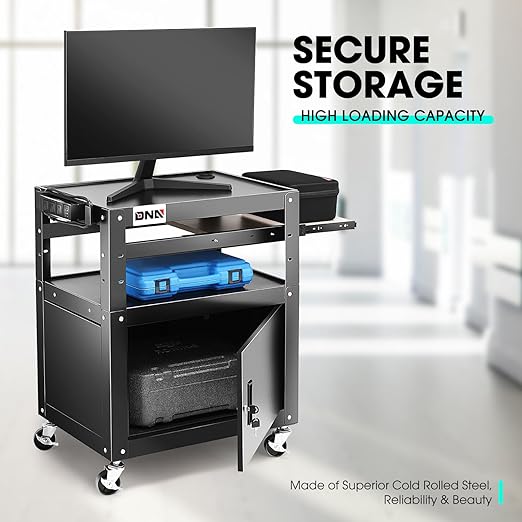 DNA Motoring Steel AV Cart with Extra Storage, 24" X 18" X 20.7"-30" Height Adjustable 2-Layer Utility Rolling Projector Cart w/Wheels, Pull Out Tray, Power Strip, Cord Management, TOOLS-00496