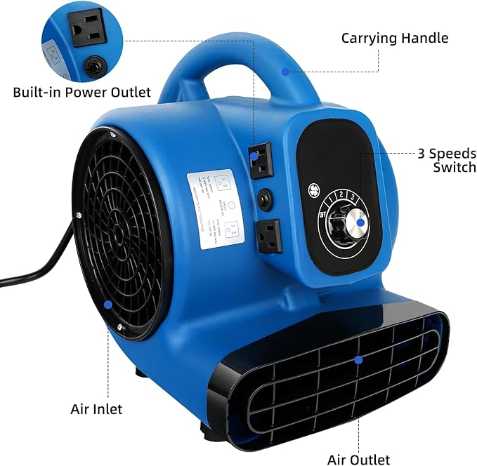 Air Mover, 1/4 HP 1000 CFM Carpet Dryer for Cooling and Ventilating, Portable Floor Blower Fan with 4 Blowing Angles and Time Function, for Janitorial, Home, Commercial Use