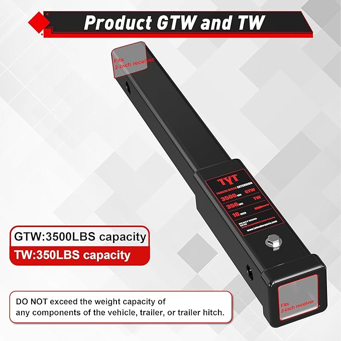 TYT Trailer Hitch Extension 18" inch, Trailer Extender for 2-inch Receiver with 5/8" Advanced Hitch Pin, 3500 lbs GTW / 350 lbs TW