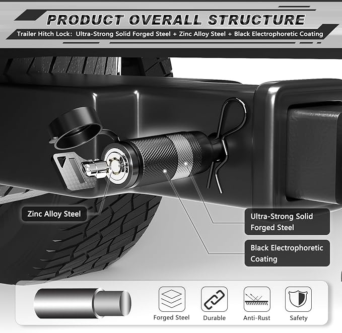 AUTMATCH Trailer Hitch Lock 5/8" - 4" Extra Long Span & Anti-Theft Hitch Locking Pin, Fits Class III IV V 2"-3.5" Receivers, Heavy Duty Towing Lock Pin for Jeep, Trailer, Truck, RV, Bike Rack, Black
