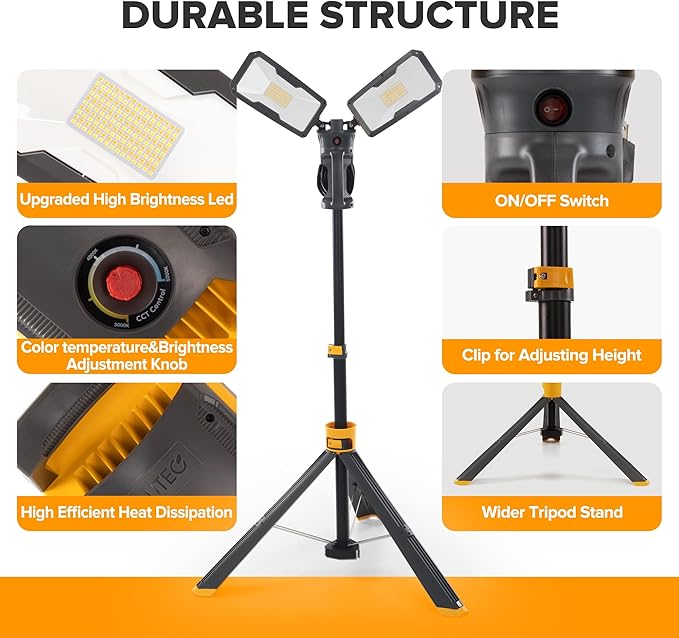【Upgraded】LUTEC 6290Max 11000 Lumen 92W Dimmable LED Work Light with Telescoping Tripod, Adjustable Color Temperature Dual-Head Work Light with Stand and 8 Ft 3-Prong Power Cord