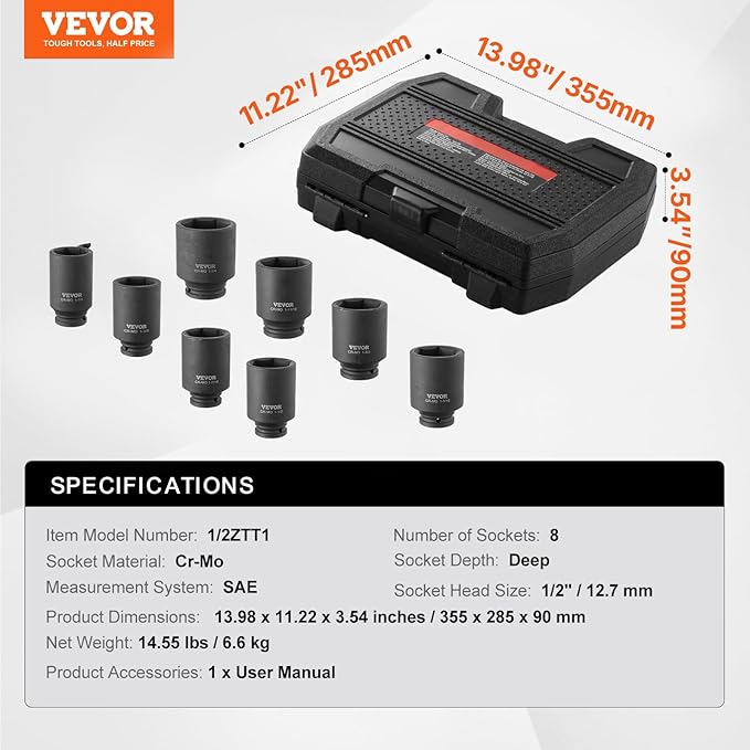 VEVOR Axle Nut Impact Socket Set - 1/2" Drive Deep 6-Point 8-Piece SAE Spindle Nut Socket CR-MO Heat Treated Large Socket Set with Storage Case for Auto Repair, Removing or Installing Axle Nuts