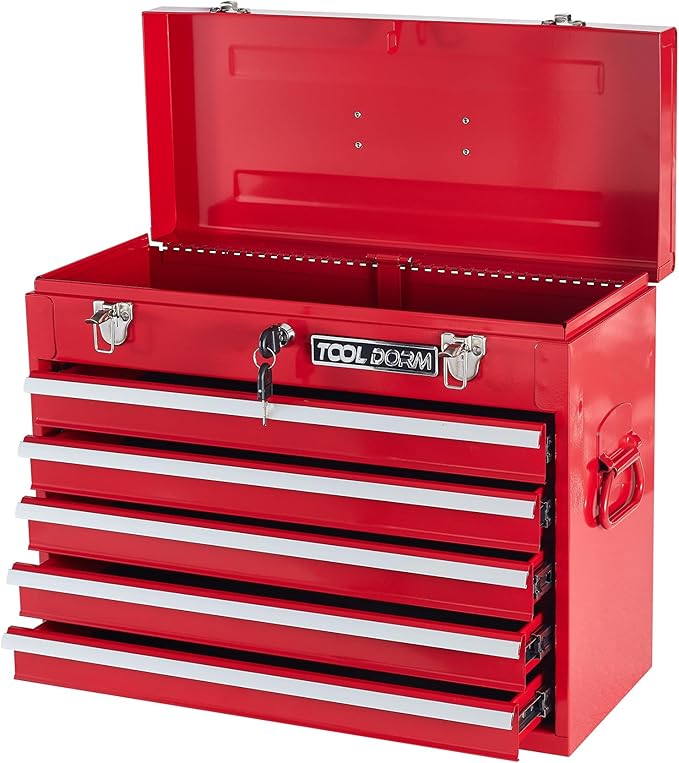 Metal Tool Box with 5 Drawers Portable Steel Tool Chest with Metal Cylinder Lock and Latch Closure, Liner, Red Powder coating, suitable for Garage, Warehouse and Outdoor Repair job