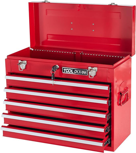 Metal Tool Box with 5 Drawers Portable Steel Tool Chest with Metal Cylinder Lock and Latch Closure, Liner, Red Powder coating, suitable for Garage, Warehouse and Outdoor Repair job