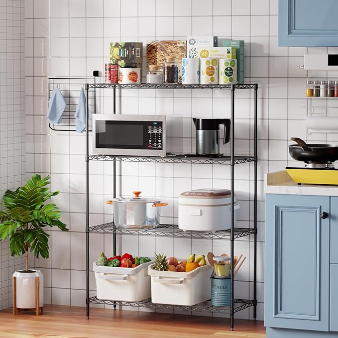 PayLessHere 4 Tier Shelving Unit 13.4" D× 35W×53.7" H Metal Shelving Standing Storage Shelf with 4 Steel Frame Adjustable Layer Racks Metal Commercial Shelf for Kitchen, Garage (Black)
