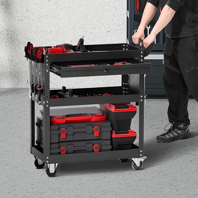 VEVOR 4-Tier Tool Cart with Wheels, 350 lbs Load Capacity, Rolling Work Cart with Drawer & Pegboard, Mechanic Tool Storage Organizer with Locking System for Garage, Warehouse and Repair Shop, Black