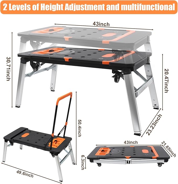 7 in 1 Work Benches Multifunctional Folding Work Table for Garage, Portable Workbench, Sawhorse, Scaffold, Platform, Mobile Workbench, Dolly and Hand Truck with 4 Wheels