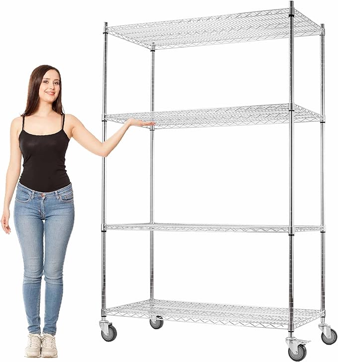 Rolling Shelves With Wheels Storage Rack With Wheels Wire Racks Rolling Wire Shelves on Wheels Stainless Steel Metal Shelving With Wheels for Garage Kitchen Pantry(48"L x 24"W x 76"H 4-Tier) (Chrome)
