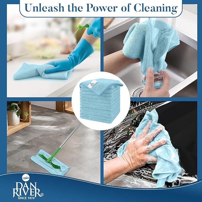 DAN RIVER 24-Pack Blue Microfiber Towels – Ultra Absorbent, Lint-Free & Streak-Free wash Cloths Kitchen for Home & Car - Must-Have Cleaning Essentials - 12" x 12"