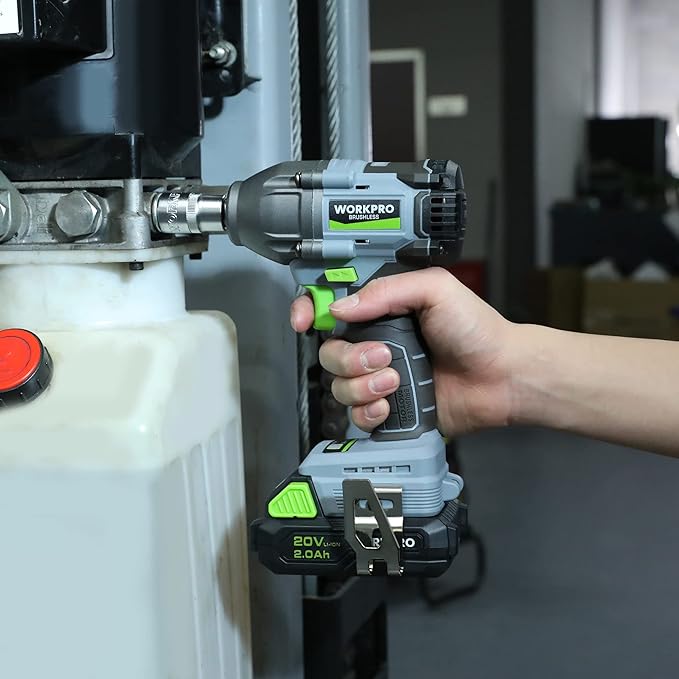 WORKPRO 20V Cordless Impact Wrench 1/2 in, Brushless Impact Gun with Battery and Charger, High Torque 370 ft-lbs (500N.m), LED Work Light and Belt Clip Included