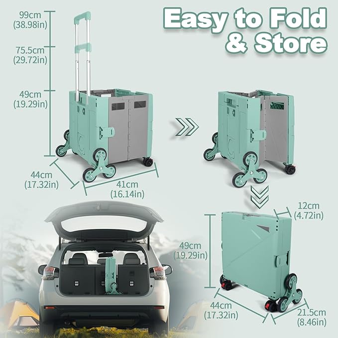 76L Folding Utility Cart Portable Rolling Crate Handcart Shopping Collapsible Tool Box with Stair Climbing Wheels,Hidden Lid,2 Rotate Wheels,for Grocery,Shopping,Office,Storage(Green)