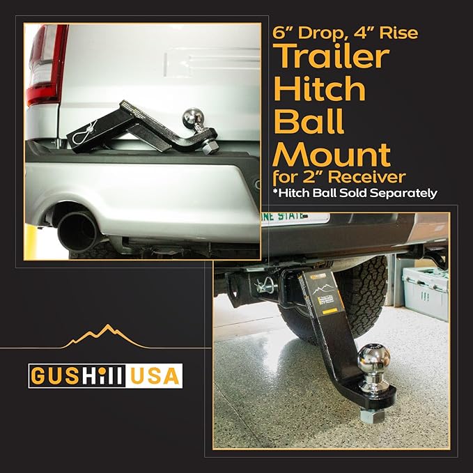 GusHIll USA GH45070 Trailer Hitch Ball Mount, Fits 2-Inch Receiver, 6,500 lbs, 1-Inch Hole, 6-Inch Drop