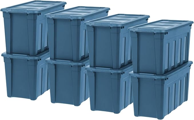 IRIS USA 31 Gallon Eco-Friendly Heavy Duty Storage Totes with Easy-Grip Handles, 8 Pack - Large Bins with Lids Garage Organizing Tubs, Durable Stackable Utility Containers, Made in USA - Navy