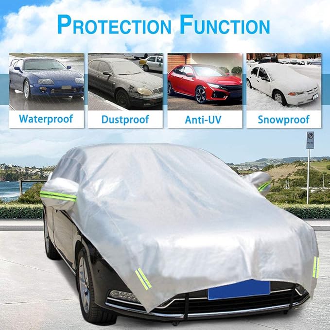 Half Car Cover with Cotton All Weather Car Body Cover Sunshade Cover Snow Cover Waterproof Snowproof Universal (Fit Hatchback Length 158'' to 173'')