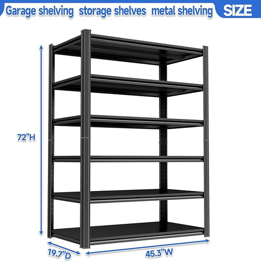 PRESTELION 6-Tier Storage Shelves Heavy Duty 3000LBS Garage Shelving Unit Adjustable Metal Shelf for Basement, Warehouse, Pantry, Closet, Kitchen 78" H x 45.3" W x 19.7" D, Black