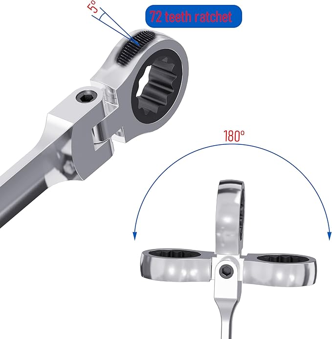 7/16 Inch Flex-Head Ratcheting Combination Wrench SAE 72 Teeth 12 Point Ratchet Box Ended and Open End Spanner Tools, Flexible Head Gear Wrench, Heat-Treated CR-V