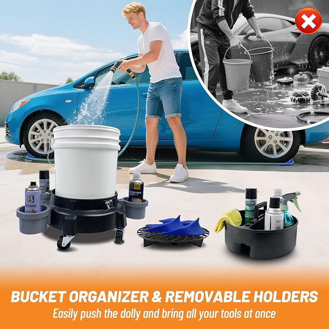 ROBLOCK 5 Gallon Bucket Dolly Roller with Dirt and Grit Traps Insert, Car Hose Guide, Bucket Tool Organizer, 3 Removable Bottle Holders, 5-in-1 Car Wash Kit for Cleaning Detailing Carrying